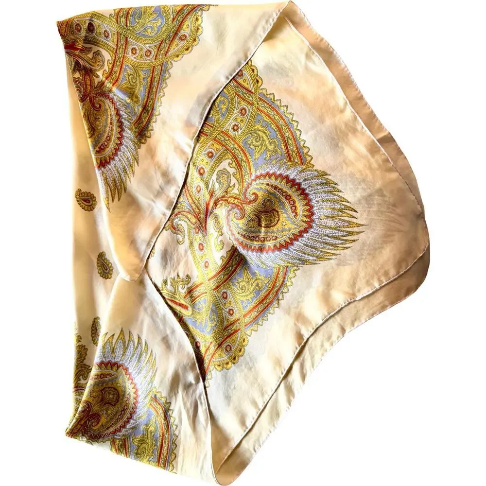 Vintage 1970s Silk Paisley Scarf Ivory Gold Hand Rolled Edges 33” Square British